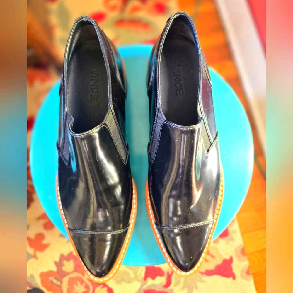 VINCE Alona Black Patent Leather Slip On Oxford Loafer